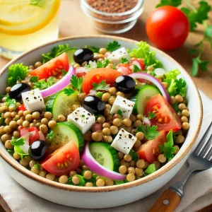 Salade méditerranéenne aux lentilles, feta, tomates, concombres et olives. Recette d’été étudiante, colorée, fraîche et riche en protéines végétales.