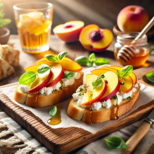Bruschettas estivales avec chèvre frais, pêches tranchées, miel et basilic. Recette sucrée-salée étudiante, simple, rapide et pleine de fraîcheur.