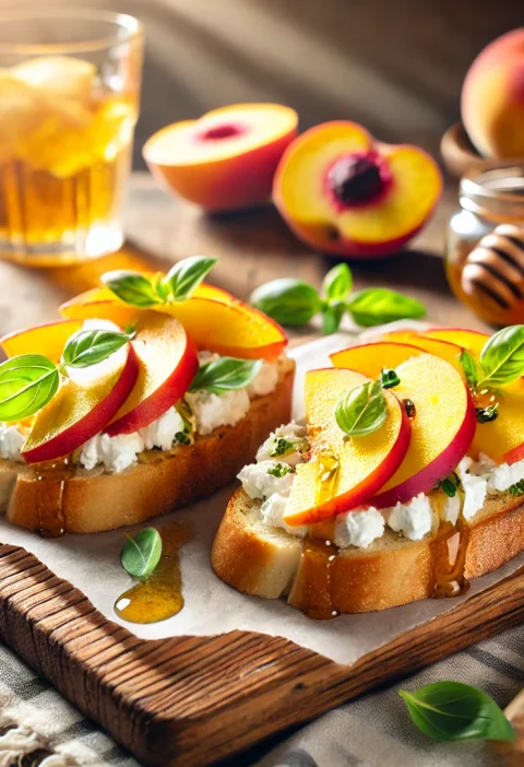 Bruschettas estivales avec chèvre frais, pêches tranchées, miel et basilic. Recette sucrée-salée étudiante, simple, rapide et pleine de fraîcheur.