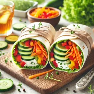 Wraps d’été aux crudités et fromage frais, coupés en deux sur une planche. Recette étudiante sans cuisson, colorée, fraîche et rapide à préparer.
